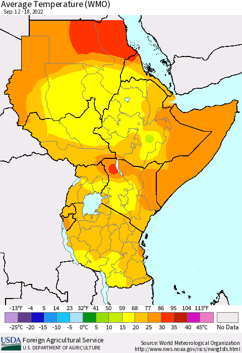 Eastern Africa Average Temperature (WMO) Thematic Map For 9/12/2022 - 9/18/2022