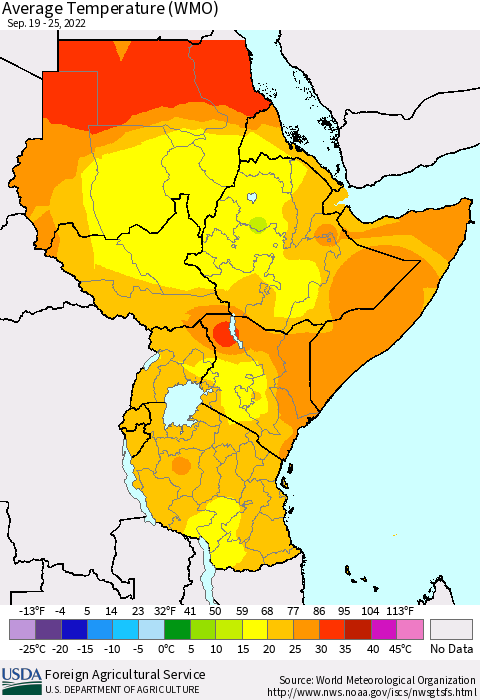 Eastern Africa Average Temperature (WMO) Thematic Map For 9/19/2022 - 9/25/2022