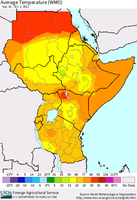 Eastern Africa Average Temperature (WMO) Thematic Map For 9/26/2022 - 10/2/2022
