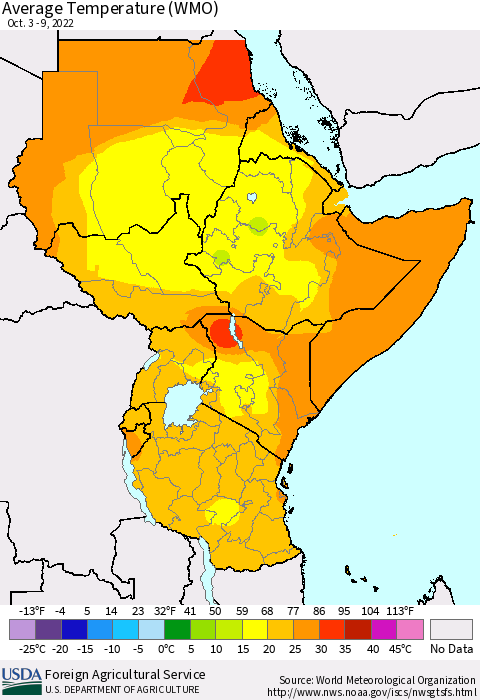 Eastern Africa Average Temperature (WMO) Thematic Map For 10/3/2022 - 10/9/2022
