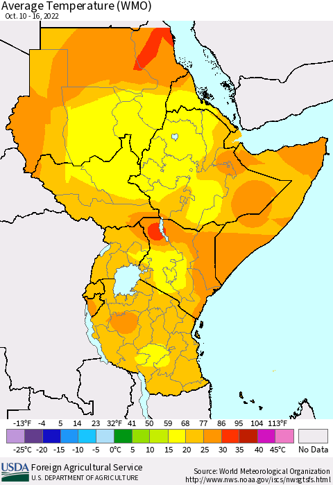 Eastern Africa Average Temperature (WMO) Thematic Map For 10/10/2022 - 10/16/2022
