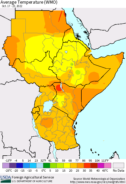 Eastern Africa Average Temperature (WMO) Thematic Map For 10/17/2022 - 10/23/2022
