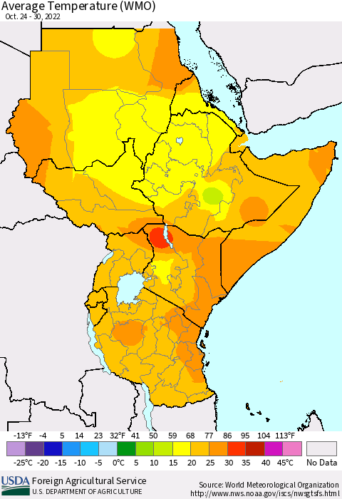 Eastern Africa Average Temperature (WMO) Thematic Map For 10/24/2022 - 10/30/2022