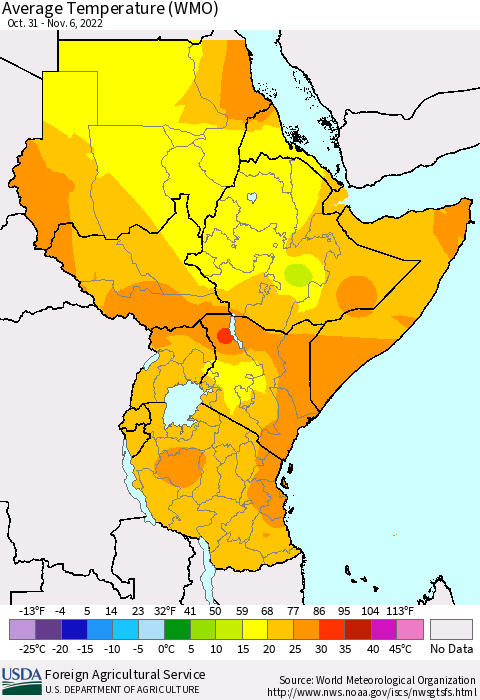 Eastern Africa Average Temperature (WMO) Thematic Map For 10/31/2022 - 11/6/2022