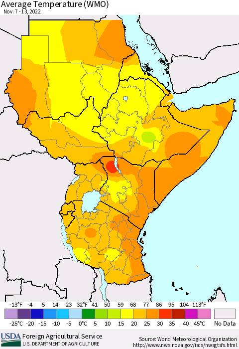 Eastern Africa Average Temperature (WMO) Thematic Map For 11/7/2022 - 11/13/2022