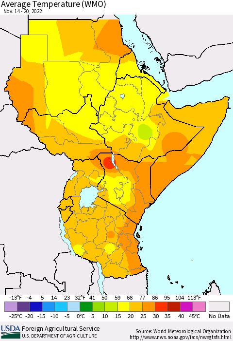 Eastern Africa Average Temperature (WMO) Thematic Map For 11/14/2022 - 11/20/2022