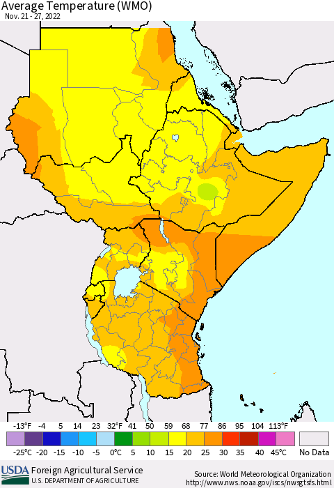Eastern Africa Average Temperature (WMO) Thematic Map For 11/21/2022 - 11/27/2022