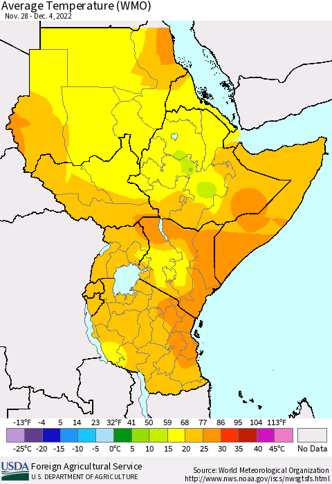 Eastern Africa Average Temperature (WMO) Thematic Map For 11/28/2022 - 12/4/2022