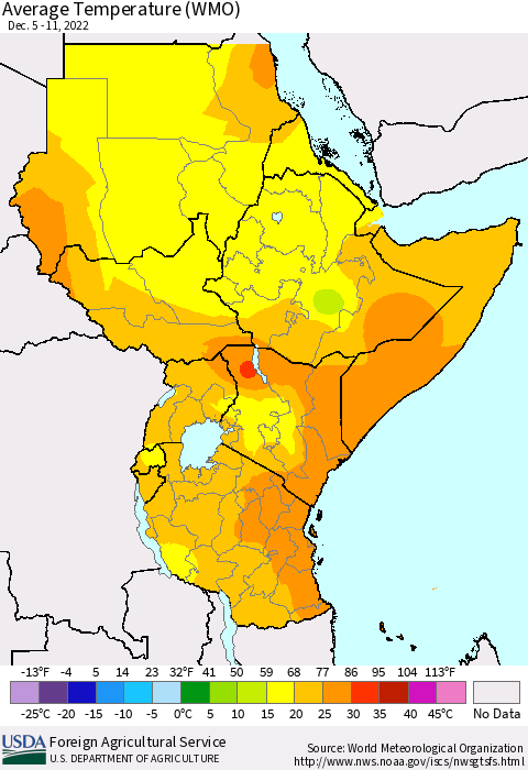 Eastern Africa Average Temperature (WMO) Thematic Map For 12/5/2022 - 12/11/2022