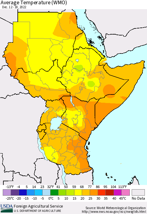 Eastern Africa Average Temperature (WMO) Thematic Map For 12/12/2022 - 12/18/2022