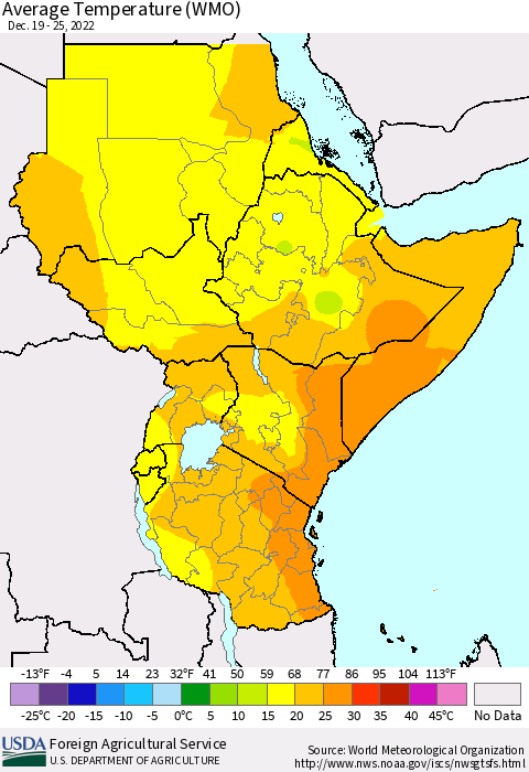 Eastern Africa Average Temperature (WMO) Thematic Map For 12/19/2022 - 12/25/2022