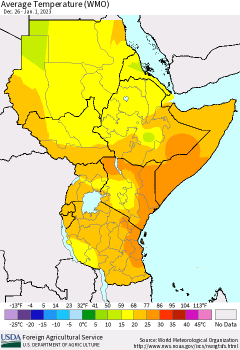 Eastern Africa Average Temperature (WMO) Thematic Map For 12/26/2022 - 1/1/2023