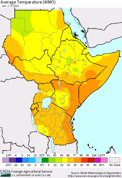 Eastern Africa Average Temperature (WMO) Thematic Map For 1/2/2023 - 1/8/2023