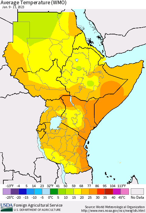 Eastern Africa Average Temperature (WMO) Thematic Map For 1/9/2023 - 1/15/2023