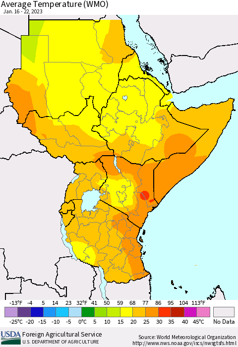 Eastern Africa Average Temperature (WMO) Thematic Map For 1/16/2023 - 1/22/2023