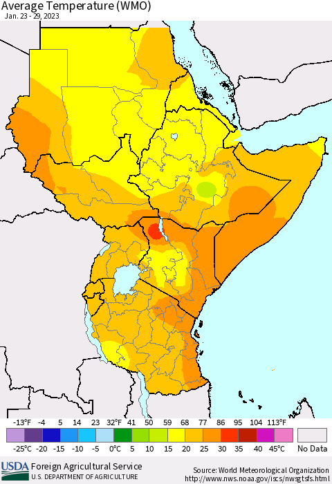 Eastern Africa Average Temperature (WMO) Thematic Map For 1/23/2023 - 1/29/2023