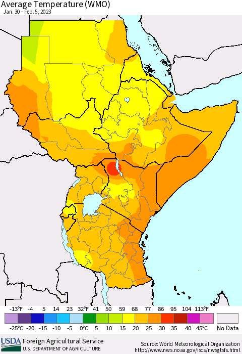 Eastern Africa Average Temperature (WMO) Thematic Map For 1/30/2023 - 2/5/2023