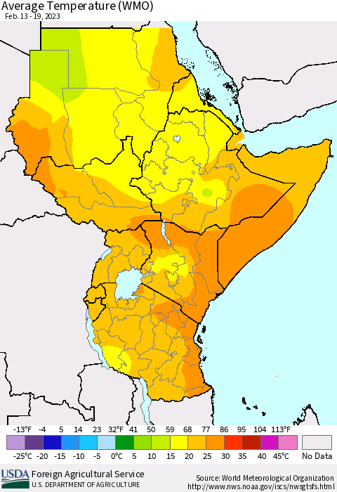 Eastern Africa Average Temperature (WMO) Thematic Map For 2/13/2023 - 2/19/2023
