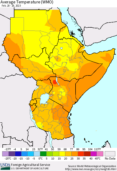 Eastern Africa Average Temperature (WMO) Thematic Map For 2/20/2023 - 2/26/2023