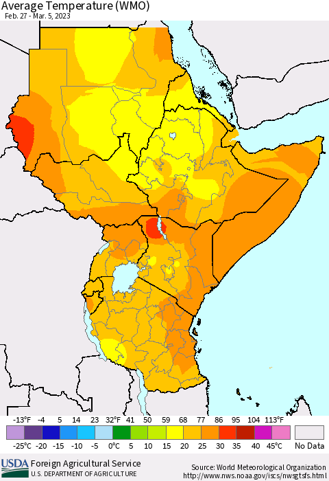 Eastern Africa Average Temperature (WMO) Thematic Map For 2/27/2023 - 3/5/2023