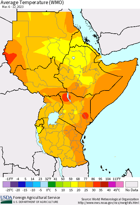 Eastern Africa Average Temperature (WMO) Thematic Map For 3/6/2023 - 3/12/2023
