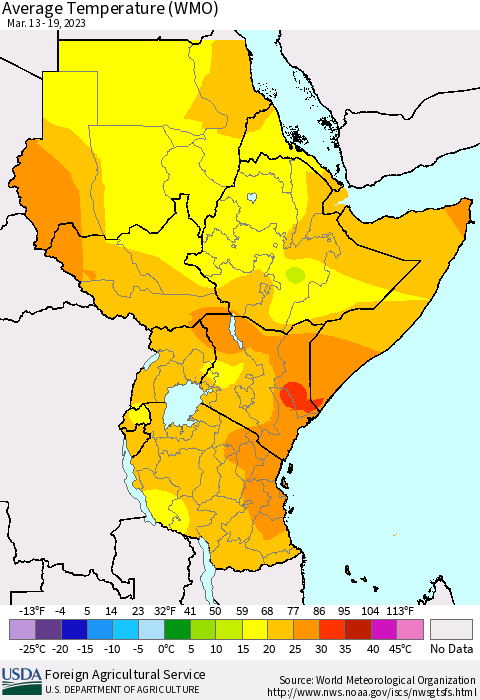 Eastern Africa Average Temperature (WMO) Thematic Map For 3/13/2023 - 3/19/2023