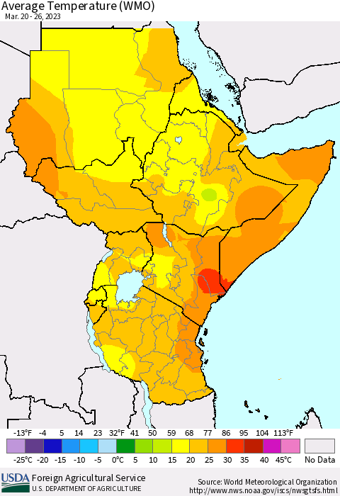 Eastern Africa Average Temperature (WMO) Thematic Map For 3/20/2023 - 3/26/2023