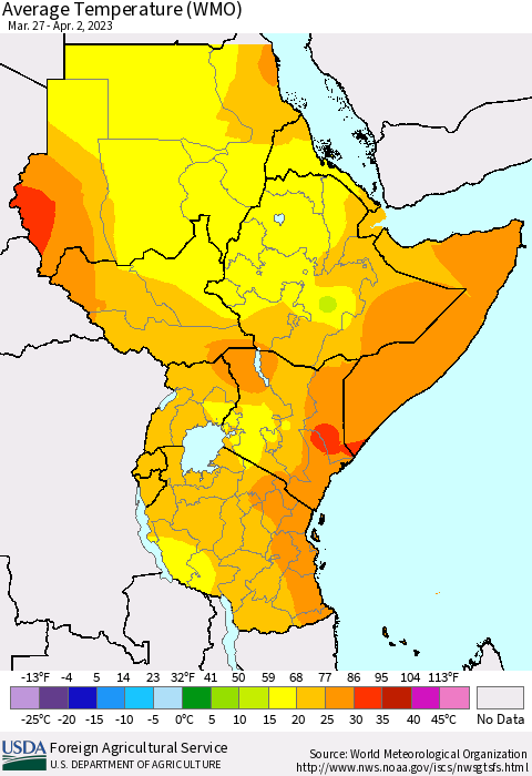 Eastern Africa Average Temperature (WMO) Thematic Map For 3/27/2023 - 4/2/2023