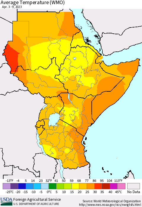 Eastern Africa Average Temperature (WMO) Thematic Map For 4/3/2023 - 4/9/2023