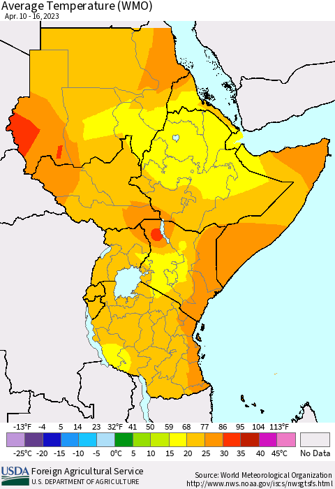 Eastern Africa Average Temperature (WMO) Thematic Map For 4/10/2023 - 4/16/2023