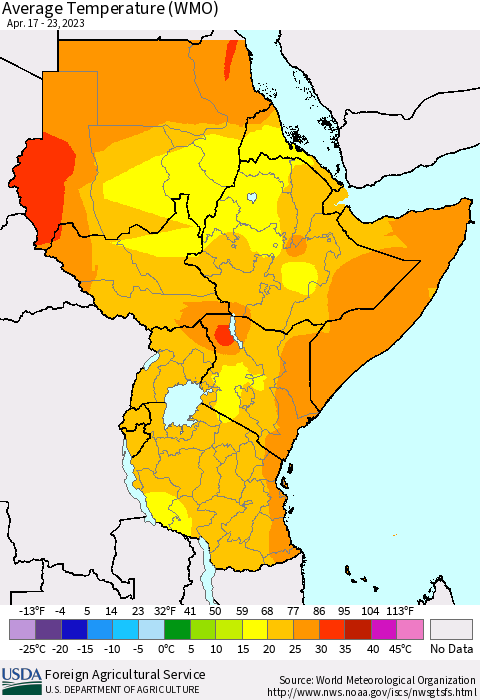Eastern Africa Average Temperature (WMO) Thematic Map For 4/17/2023 - 4/23/2023
