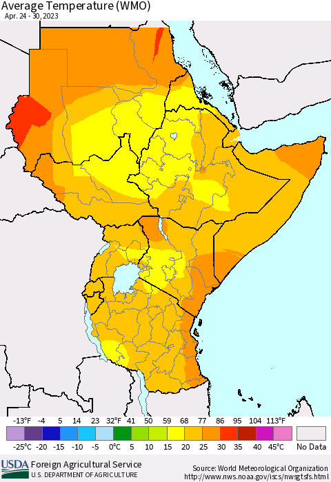 Eastern Africa Average Temperature (WMO) Thematic Map For 4/24/2023 - 4/30/2023