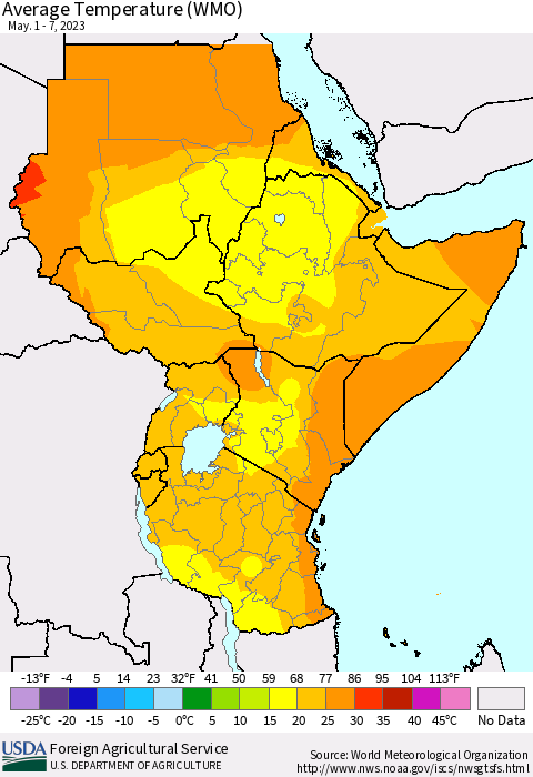 Eastern Africa Average Temperature (WMO) Thematic Map For 5/1/2023 - 5/7/2023