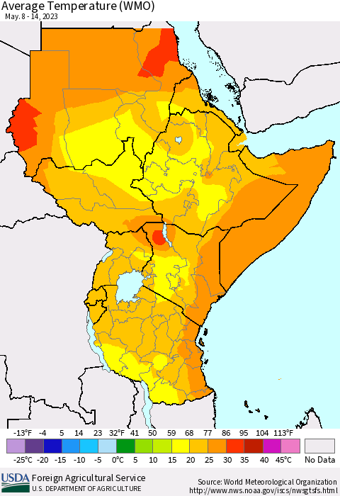 Eastern Africa Average Temperature (WMO) Thematic Map For 5/8/2023 - 5/14/2023
