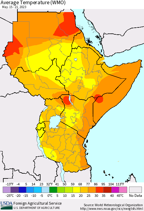 Eastern Africa Average Temperature (WMO) Thematic Map For 5/15/2023 - 5/21/2023