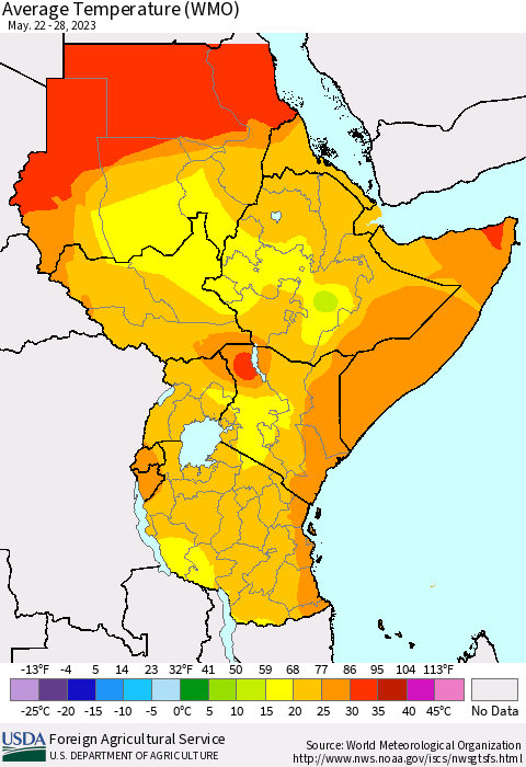 Eastern Africa Average Temperature (WMO) Thematic Map For 5/22/2023 - 5/28/2023