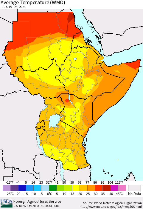 Eastern Africa Average Temperature (WMO) Thematic Map For 6/19/2023 - 6/25/2023