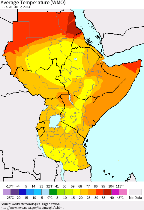 Eastern Africa Average Temperature (WMO) Thematic Map For 6/26/2023 - 7/2/2023