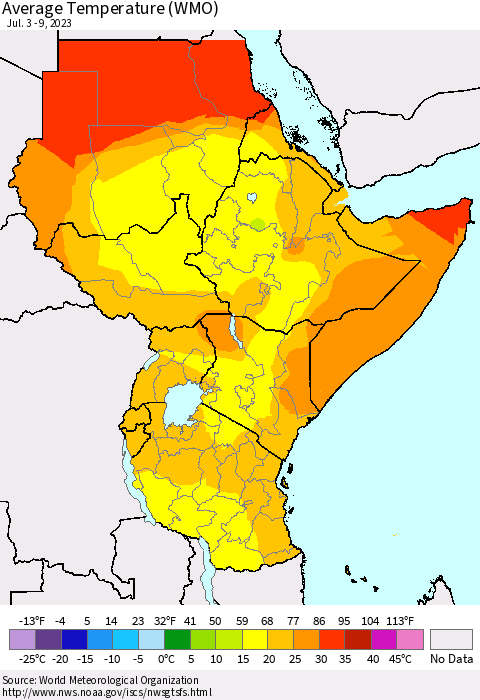 Eastern Africa Average Temperature (WMO) Thematic Map For 7/3/2023 - 7/9/2023