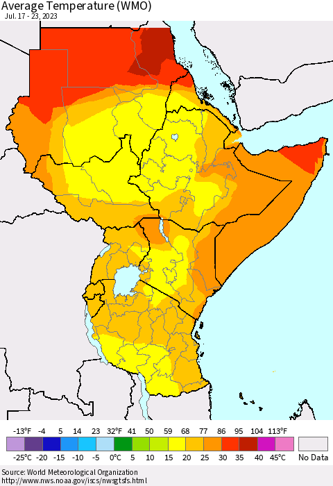 Eastern Africa Average Temperature (WMO) Thematic Map For 7/17/2023 - 7/23/2023
