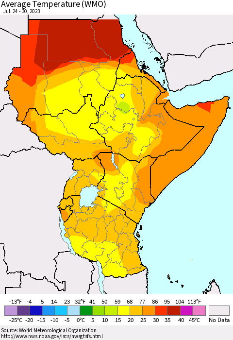 Eastern Africa Average Temperature (WMO) Thematic Map For 7/24/2023 - 7/30/2023