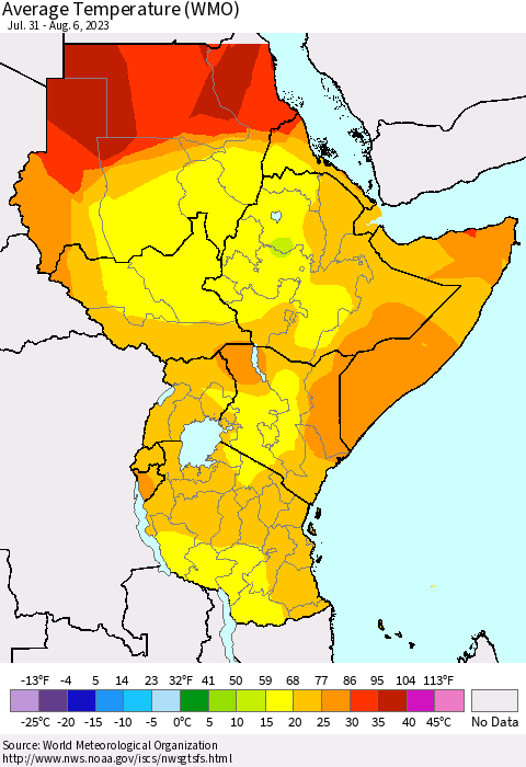 Eastern Africa Average Temperature (WMO) Thematic Map For 7/31/2023 - 8/6/2023