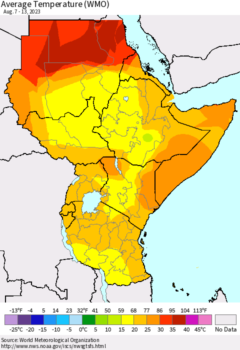 Eastern Africa Average Temperature (WMO) Thematic Map For 8/7/2023 - 8/13/2023