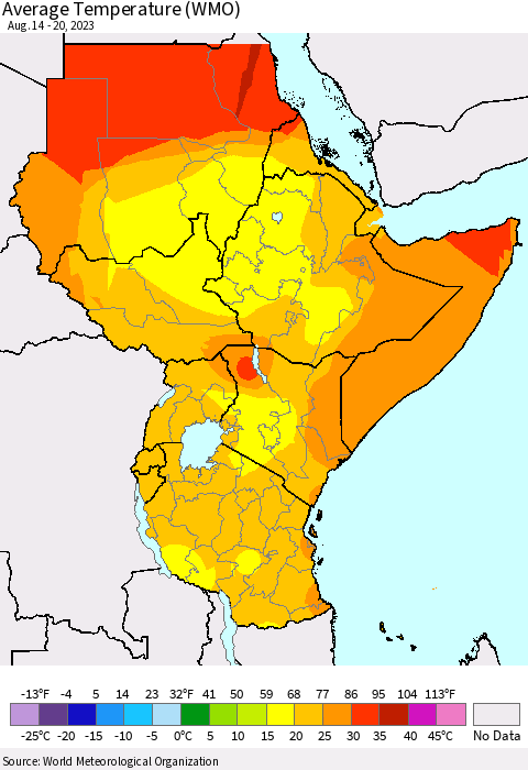 Eastern Africa Average Temperature (WMO) Thematic Map For 8/14/2023 - 8/20/2023