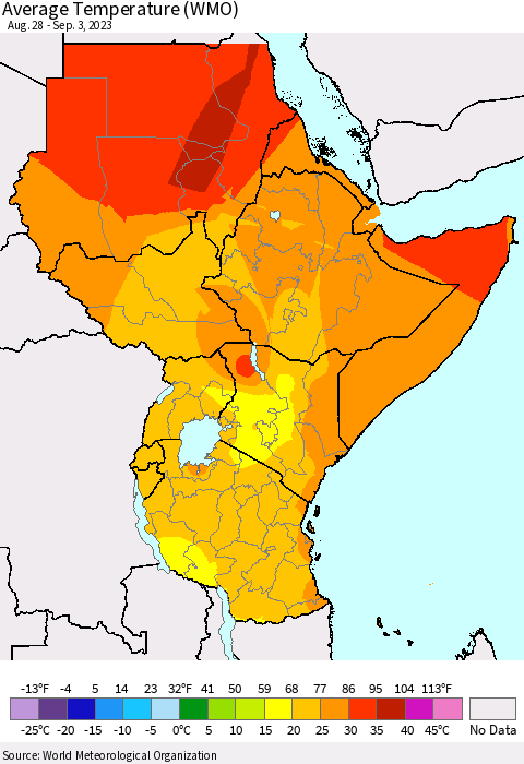Eastern Africa Average Temperature (WMO) Thematic Map For 8/28/2023 - 9/3/2023