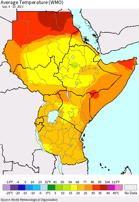 Eastern Africa Average Temperature (WMO) Thematic Map For 9/4/2023 - 9/10/2023