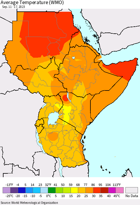 Eastern Africa Average Temperature (WMO) Thematic Map For 9/11/2023 - 9/17/2023