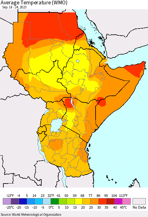 Eastern Africa Average Temperature (WMO) Thematic Map For 9/18/2023 - 9/24/2023