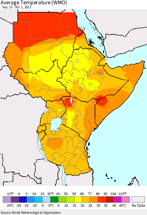 Eastern Africa Average Temperature (WMO) Thematic Map For 9/25/2023 - 10/1/2023