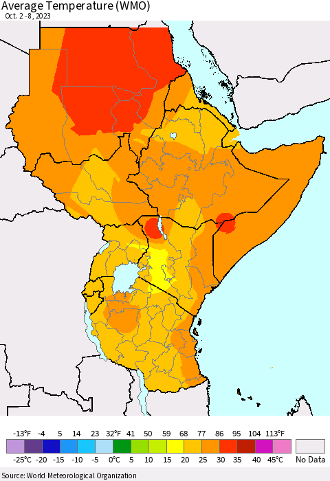 Eastern Africa Average Temperature (WMO) Thematic Map For 10/2/2023 - 10/8/2023